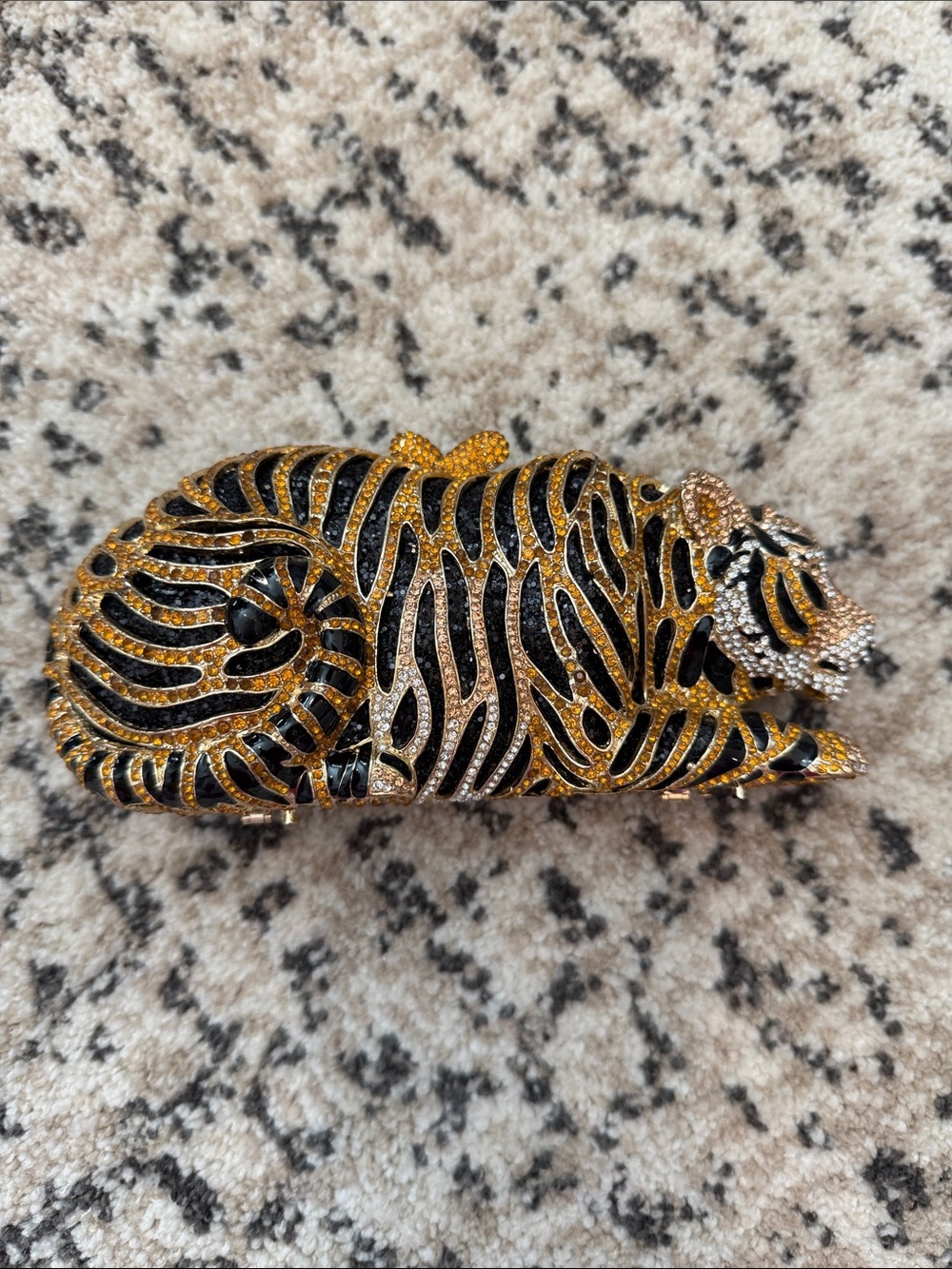 Embellished Tiger Crystal Evening Clutch - Gold & Black